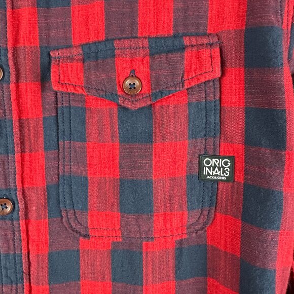 ORIGINALS BY JACK & JONES MEN'S FLANEL LONG SLEEVE PLAID SHIRT RED & BLACK "S" - Picture 8 of 14